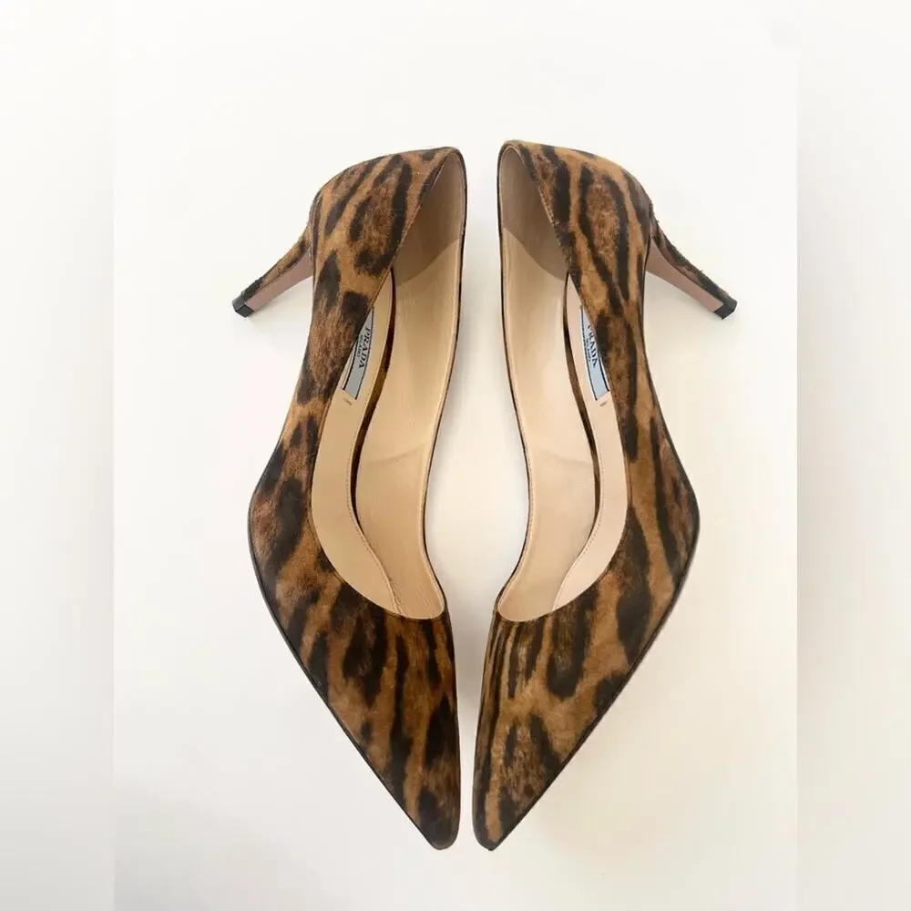 Prada Black Brown leather Calf Hair Leopard Print pointed toe pumps EU 39.5